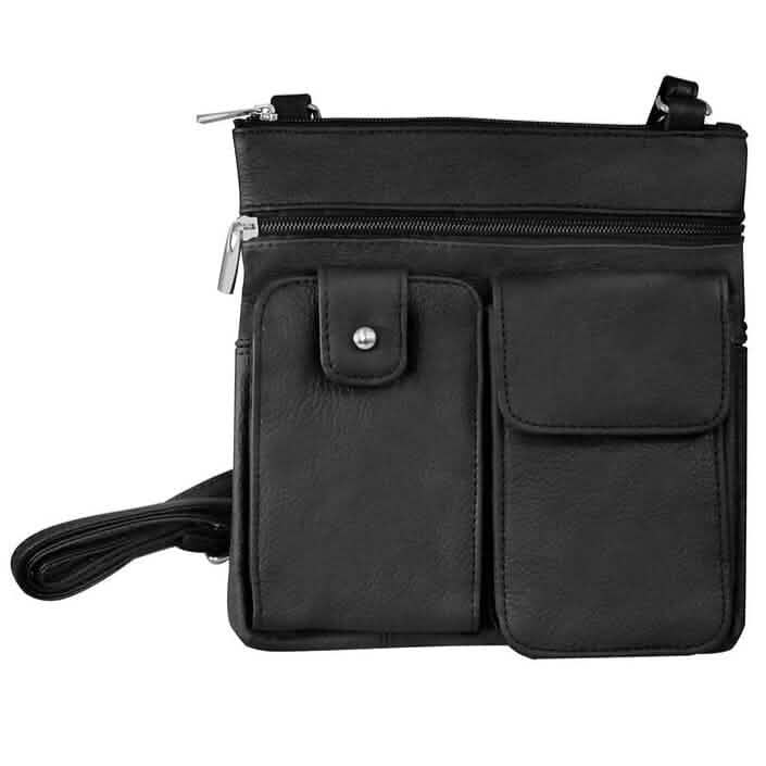Genuine Leather Multi-Pocket Black Crossbody Purse Bag